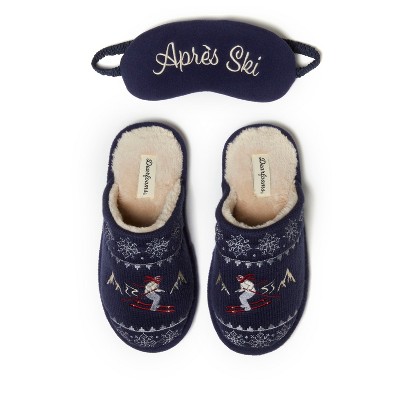 Dearfoams Women's Novelty Christmas Knit Scuff Slipper and Eyemask Gift Set