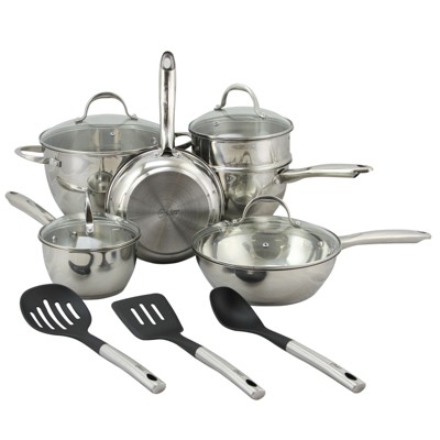 Oster Ridgewell 13 piece Stainless Steel  Belly Shape Cookware Set in Silver Mirror Polish with Hollow Handle