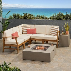 Illona 7pc Acacia Wood V-Shaped Sofa & Square Fire Table Set Teak/Crme/Light Gray- Christopher Knight Home - 1 of 4