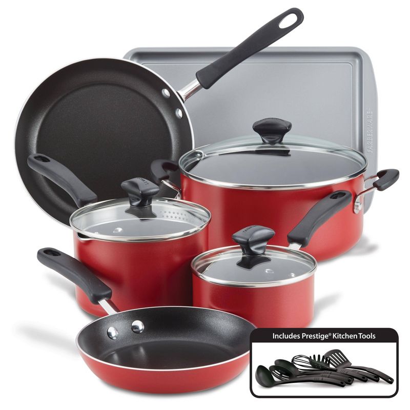 Farberware Cookstart 15pc Aluminum Nonstick Cookware Set with Prestige Tools Red, 1 of 11