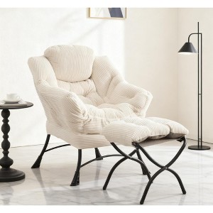 Tiramisubest Lazy Chair with Ottoman Steel Frame Lounge Chair Flannelette Upholstered Chair Ergonomic Reading Chair Living Room Bedroom, White - 1 of 4