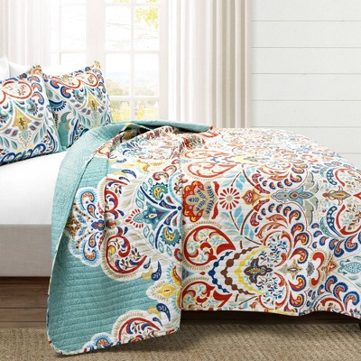 Seafoam and Red Boho Chic Reversible Cotton Full Quilt Set