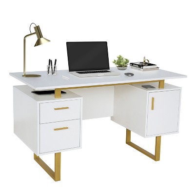 Okak 51.25IN Modern Office Desk with Golden Legs, Standing Desk with 2 Drawer and 1 Cabinet Door, Computer Desk for Living Room, Study, Golden+White