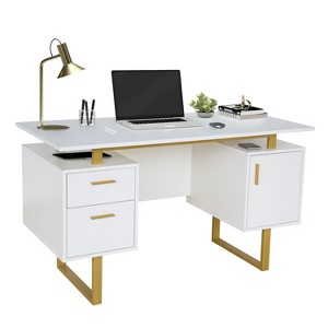 Okak 51.25IN Modern Office Desk with Golden Legs, Standing Desk with 2 Drawer and 1 Cabinet Door, Computer Desk for Living Room, Study, Golden+White - 1 of 4
