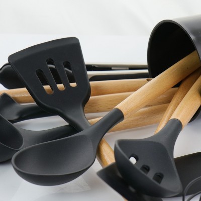 MegaChef 12 Piece Black Silicone and Wood Cooking Utensil Set