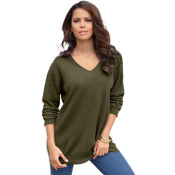 Roaman's Women's Plus Size Fine Gauge Drop Needle V-Neck Sweater