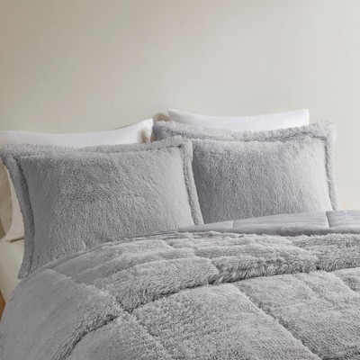 Intelligent Design Ultra Soft Faux Fur Comforter Set, Ombre Design Shaggy Long Fur Jump Tack Quilting Plushy Bedding Set with Matching Shams, Grey, Twin/Twin XL — фото 3