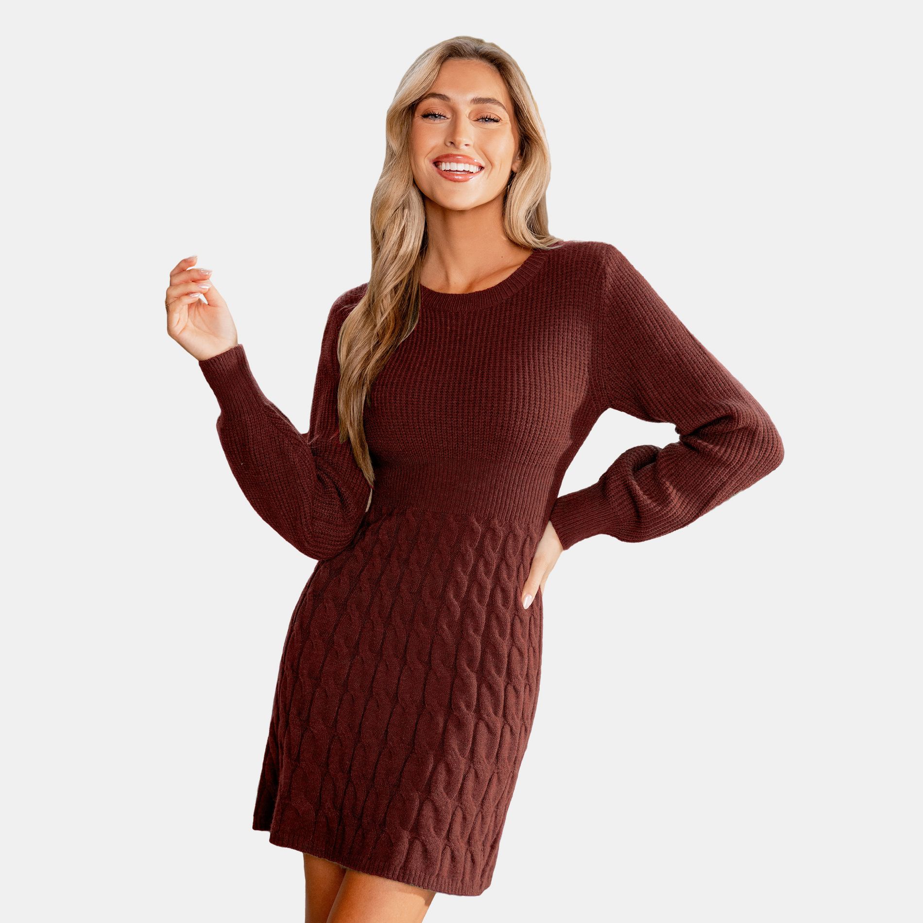 Women's Cozy Cable Knit Sweater Mini Dress - Cupshe-S-Brown