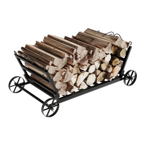 Famapy Black Iron Firewood Cart Firewood Storage Rack  Wood Mover Hauler Heavy-Duty Log Holder with Wheels for Fireplace & Patio - 1 of 4