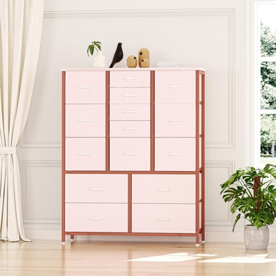 15-Drawer Dresser for Bedroom, Tall Chest Storage Organizer with Fabric Bins, Metal Frame & Wood Top, Hallway, Entryway