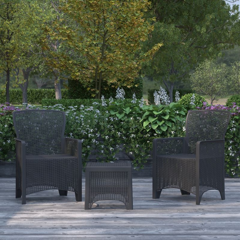 Merrick Lane Outdoor Furniture 3 Item Set Faux Rattan Resin Wicker Lounge Chairs And Side Table Dark Gray Patio Furniture, 3 of 15