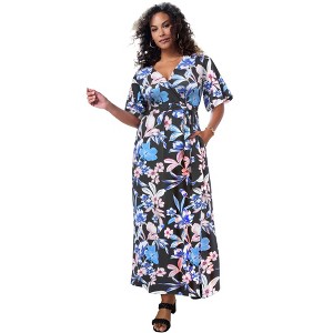 Roaman's Plus Size Flutter Sleeve Wrap Maxi Dress - 1 of 3