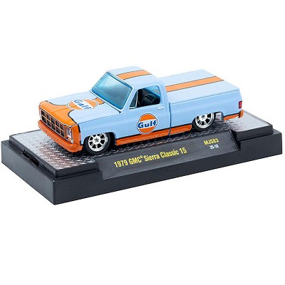 1979 GMC Sierra Classic 15 Pickup Truck "Gulf Oil" Light Blue with Orange Stripe Ltd Ed 1/64 Diecast Model Car by M2 Machines