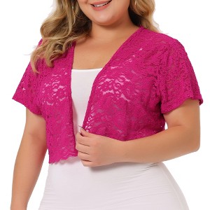 Agnes Orinda Women's Plus Size Short Sleeve Open Front Crochet Lace Allover Cropped Cardigan - 1 of 4
