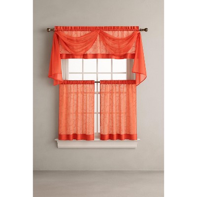 Kate Aurora Complete 4 Piece Linen Leaf Embroidered Complete Kitchen Curtain Set