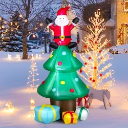 Tangkula 7FT Christmas Inflatable Christmas Tree & Santa Claus w/ LEDs & Air Blower Blow Up Yard Decor Inflates Christmas Tree w/ Gift Boxes & Star