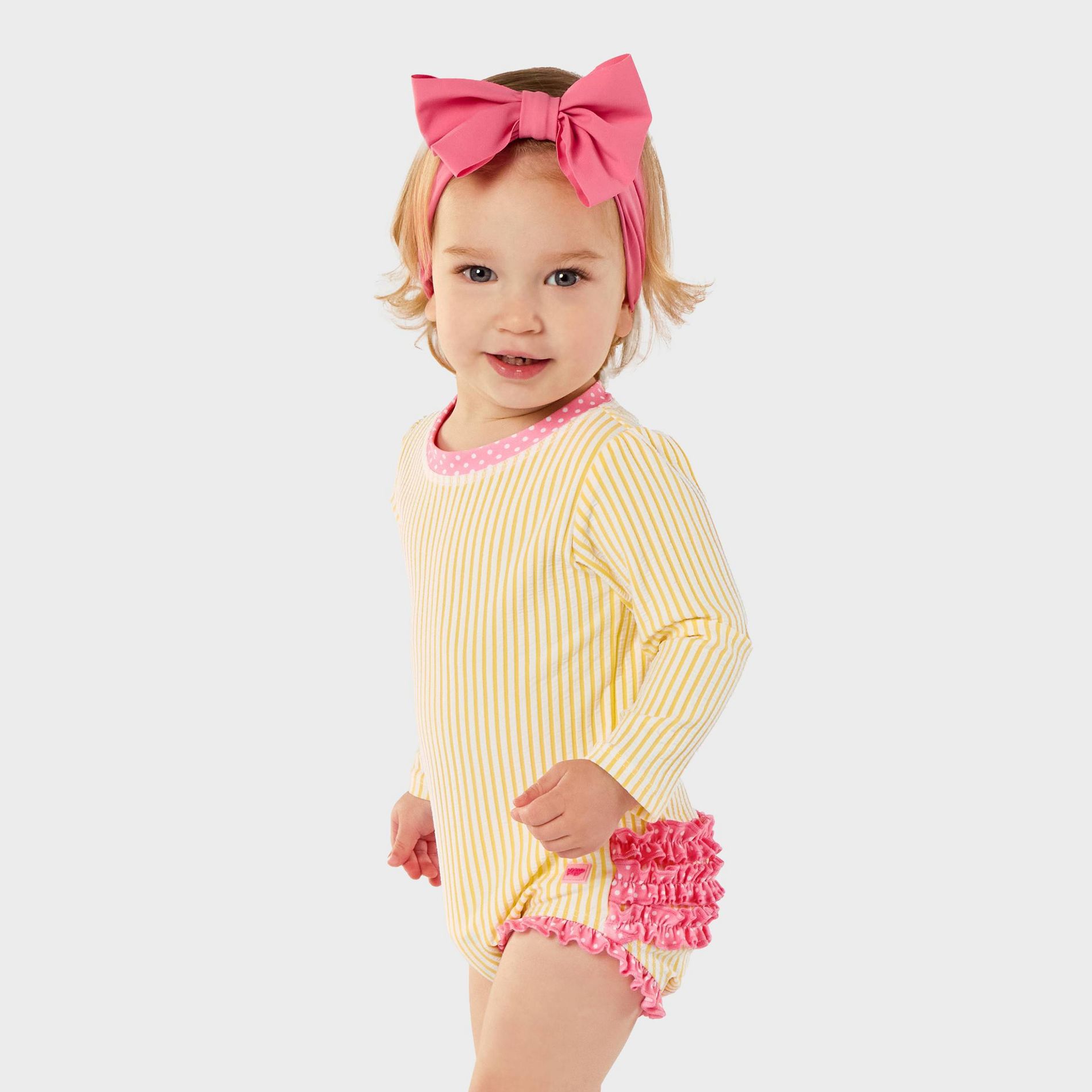 RuffleButts Toddler Girls' Seersucker Long Sleeve One Piece Rash Guard Swimsuit - Yellow