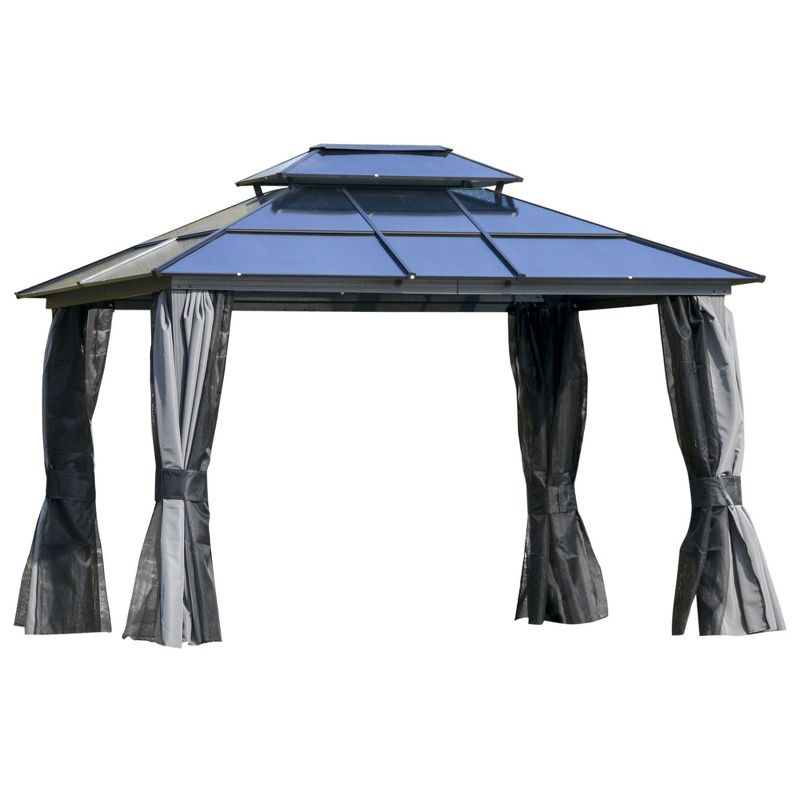 Outsunny Hardtop Gazebo Outdoor Polycarbonate Canopy Aluminum Frame Pergola with Double Vented Roof, Netting & Curtains for Garden, 1 of 8