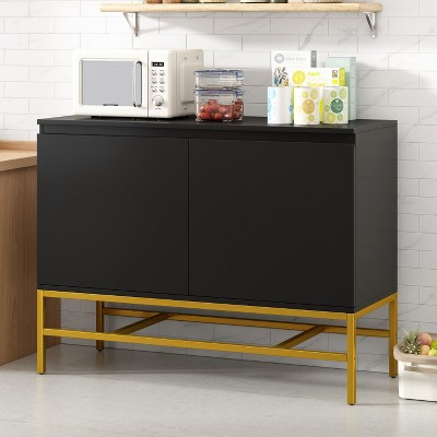 KTMBDW Cabinet with 2 Doors and 1 Shelf, Openwork Carved Storage Cabinet with Golden Metal Legs, Wood Frame for Living Room or Entryway, Black