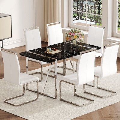 NicBex 5 PCS/7 PCS MDF Dining Table Set,4/6 PU Chairs with C-Tube Metal Legs for Dining Meeting Room