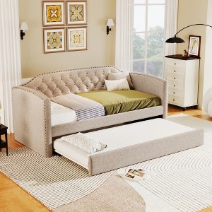 Twin Size Upholstered Daybed with Trundle for Guest Room, Small Bedroom, Study Room - 1 of 4