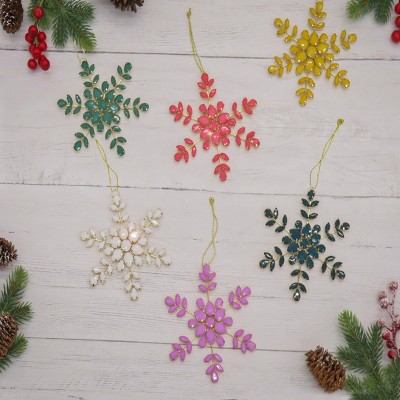 6-Piece Multicolor Beaded Snowflake Ornament Set with Gold Wire Frame