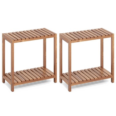 Tangkula 2PCS 2-Tier Side Table Teak Wood Stand Utility Storage Shelf Entryway Bench