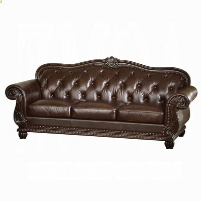 Brown Tufted Faux Leather Sofa with Rolled Arms and Nailhead Trim