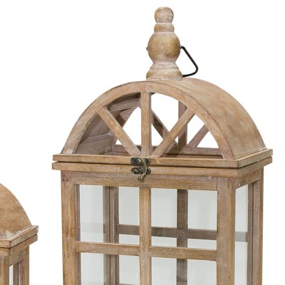 Natural Wood and Glass Tabletop Lantern Set with Arched Lid