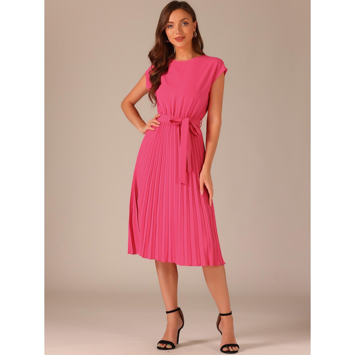 Женские платья INSPIRE CHIC Women's Pleated Crew Neck Cap Sleeve Tie Waist A-Line Dresses Small Hot Pink — фото 2