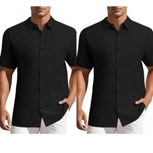INSPIRE CHIC Men's Point Collar Short Sleeve Button Down Summer Linen Shirt 2 Packs - 1 of 4