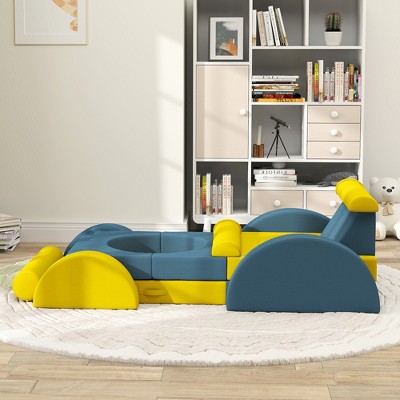 55.10"Modular Kids Play Couch, 14 Piece Kids Couch, Child Sectional Sofa for Playing, Sitting & Sleeping, Convertible Foam Floor, Yellow