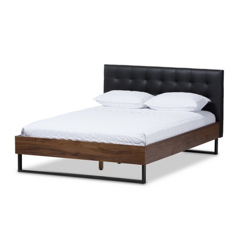 Mitc Rustic Industrial Walnut Wood, Black Faux Leather Queen Bed