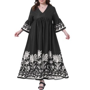 Agnes Orinda Women's Plus Size Boho Floral V Neck 3/4 Flare Sleeve Flowy Hem Babydolls Maxi Dress - 1 of 4
