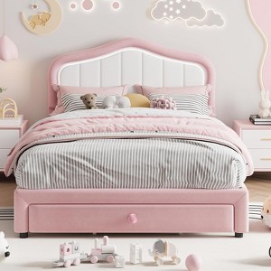 Upholstered Twin XL Bed Frame with Lights - Velvet Storage Bed with Headboard & Noise-Free Slats for Kids/Teens (No Box Spring Needed),Pink+White - 1 of 4