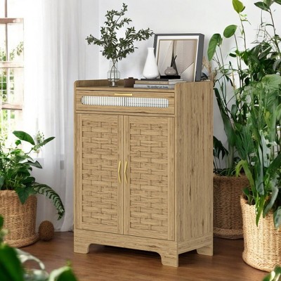 Alilang 29.52 Inch Woven Cabinet with Textured Doors, Glass Drawer Detail, and Natural Wood Finish - Wood