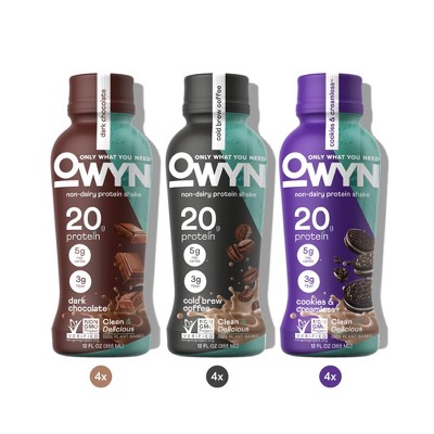 Owyn Only What You Need Plant Based Protein Shake, 3 Flavor Variety Dark Chocolate - 12 Fl Oz (Pack Of 12)