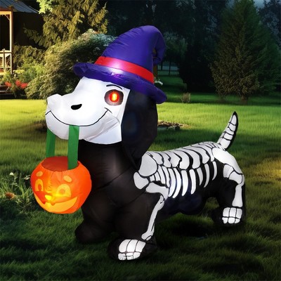 Joyfy 5FT Halloween Inflatables Outdoor Decorations, Inflatable Skeleton Dog with LEDs Pumpkin for Halloween Outdoor Yard Garden Lawn Party Decoration