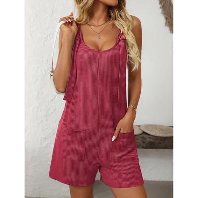 Womens Summer Casual Short Romper Scoop Neck Sleeveless Striped Overalls Shorts Jumpsuit with Pockets