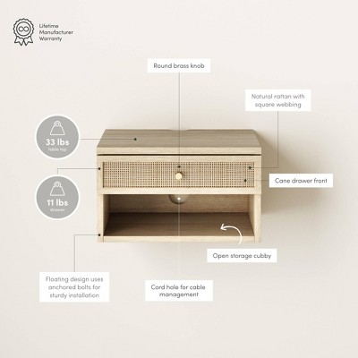 Light Oak and Rattan Floating Nightstand with Brass Knob