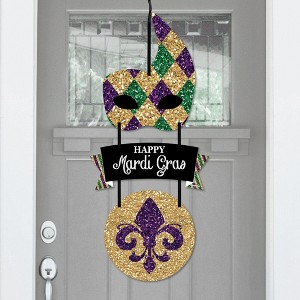 Big Dot of Happiness Mardi Gras - Hanging Porch Masquerade Party Outdoor Decorations - Front Door Decor - 3 Piece Sign - 1 of 4