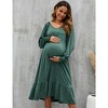 Women's Maternity Midi Dress Long Sleeve V-Neck Flowy Dress Pleated Flare with Smocked Cuffs Casual Dress,Green - 2XL - 3 of 4