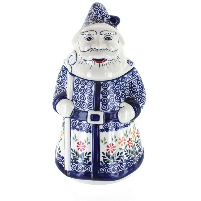 Blue Rose Polish Pottery Garden Bouquet Santa Cookie Jar