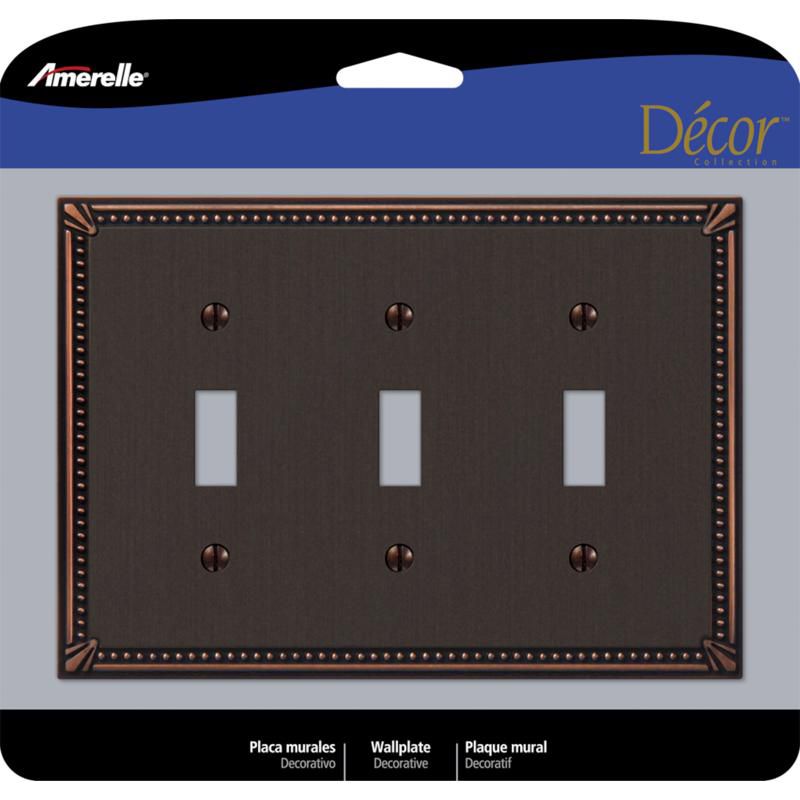 Amerelle Imperial Bead Aged Bronze 3 gang Die-Cast Metal Toggle Wall Plate 1 pk, 1 of 2