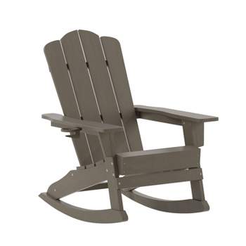 Emma and Oliver Adirondack Rocking Chair with Cup Holder, Weather Resistant HDPE Adirondack Rocking Chair in Brown