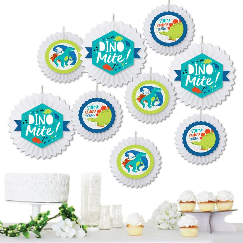 Big Dot of Happiness Roar Dinosaur - Hanging Dino Mite Trex Baby Shower or Birthday Party Tissue Decoration Kit - Paper Fans - Set of 9, 1 of 8