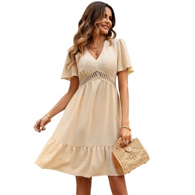 Women V Neck Casual Dress Flared Sleeve Hollow Out Summer Midi Dresses Wedding Guest Outfits