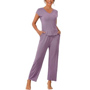cheibear Women's Short Sleeve Top with Long Pants Modal Casual 2 Piece Loungewear Set - 1 of 4