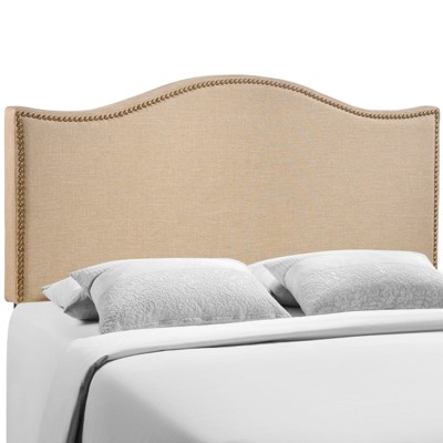 Beige Linen Upholstered Queen Headboard with Nailhead Trim