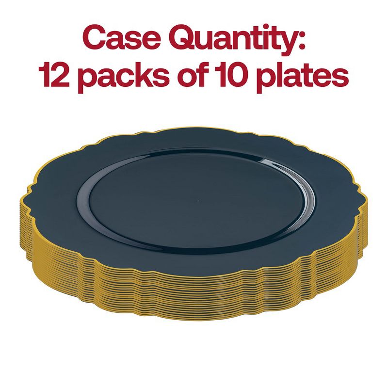 Smarty Had A Party 10.25" Navy with Gold Rim Round Blossom Disposable Plastic Dinner Plates (120 Plates), 3 of 7